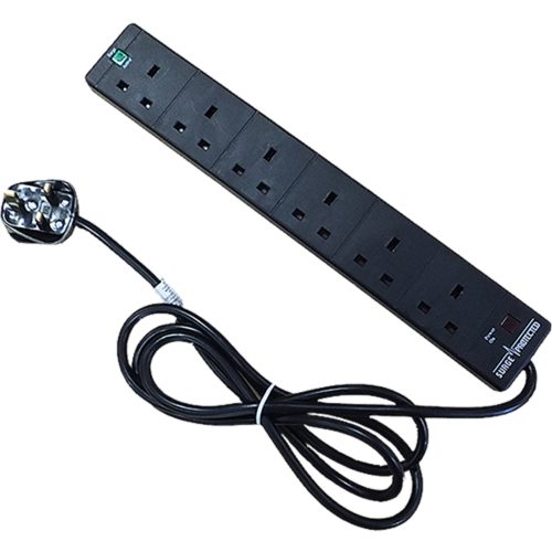 6 Way Power Extension Surge-Spike Protected Black 10m